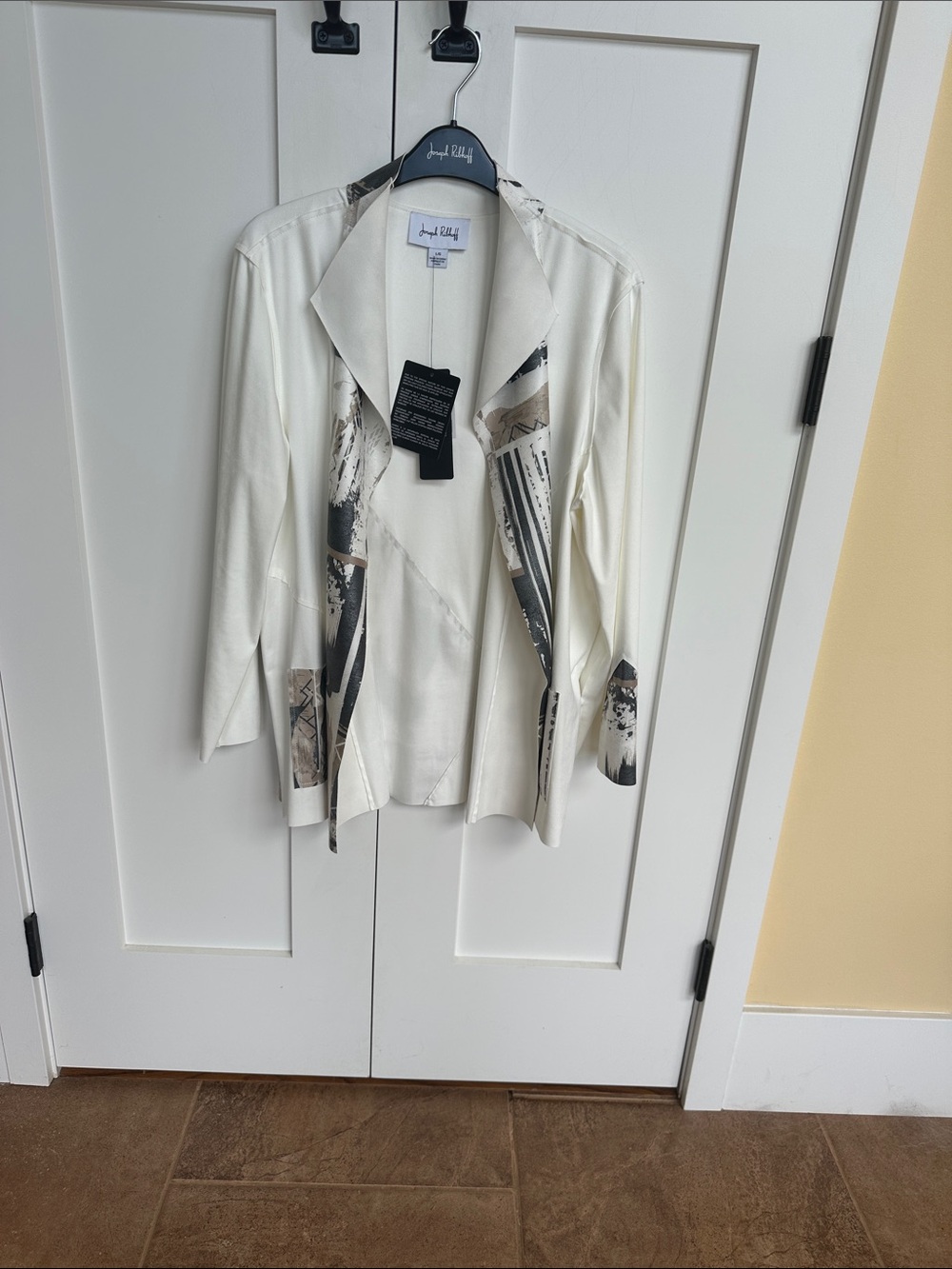 Joseph Ribkoff Cream Open-Front Blazer with Neutral Print Accents Size L